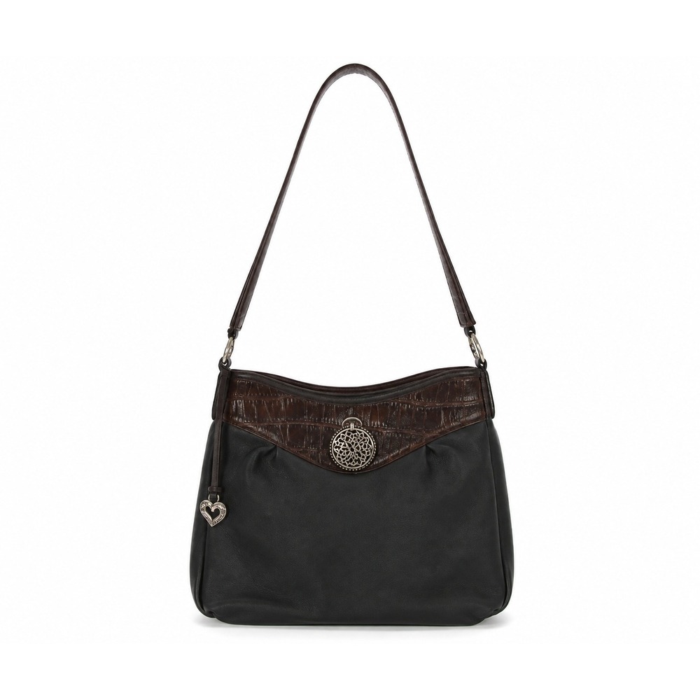 Brighton Shoulder Bag Medium Black Brown Leather Croc Embossed Filigree Neutral‎